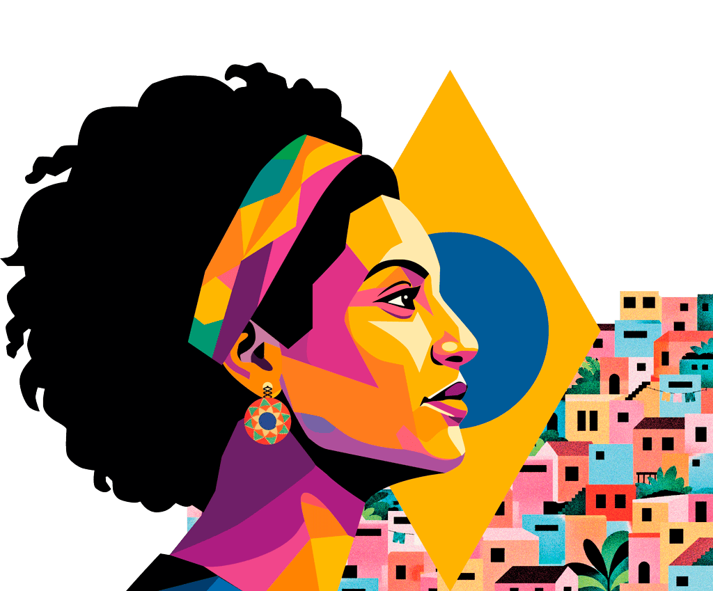Ilustração perfil de Marielle sobre losango sobre favela